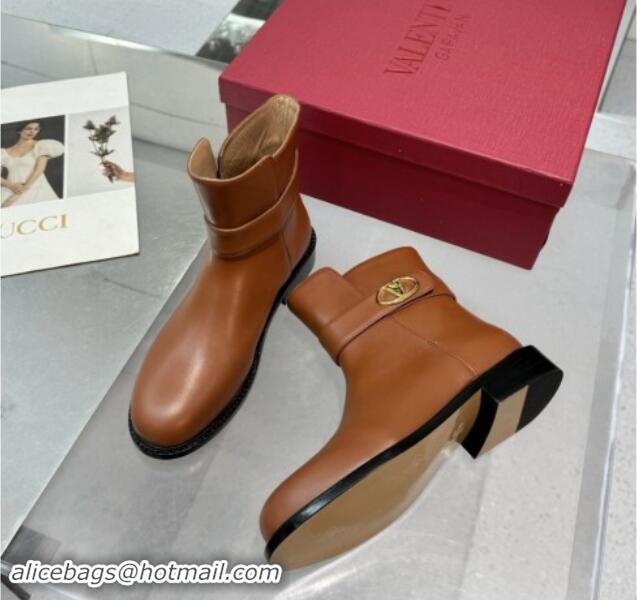 Purchase Valentino VLogo Locker Calfskin Leather Ankle Boots 3cm Heel Brown 1009009