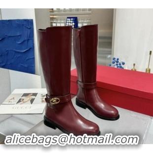 Good Looking Valentino VLogo Locker Calfskin Leather High Boots 3cm Heel Dark Burgundy 1009014