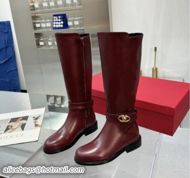 Good Looking Valentino VLogo Locker Calfskin Leather High Boots 3cm Heel Dark Burgundy 1009014