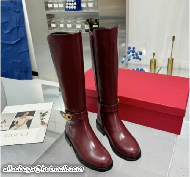 Good Looking Valentino VLogo Locker Calfskin Leather High Boots 3cm Heel Dark Burgundy 1009014