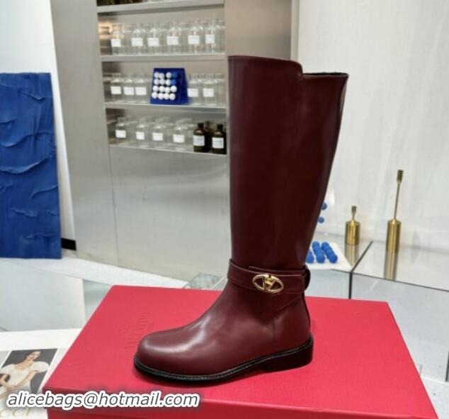 Good Looking Valentino VLogo Locker Calfskin Leather High Boots 3cm Heel Dark Burgundy 1009014