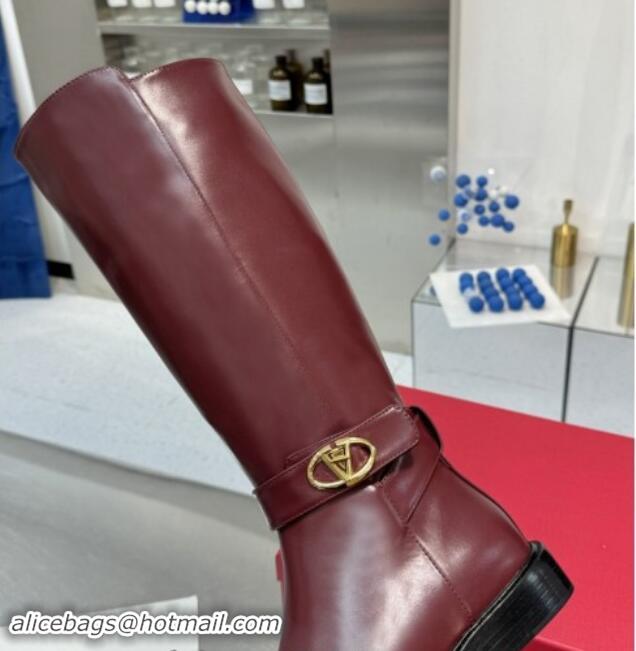 Good Looking Valentino VLogo Locker Calfskin Leather High Boots 3cm Heel Dark Burgundy 1009014