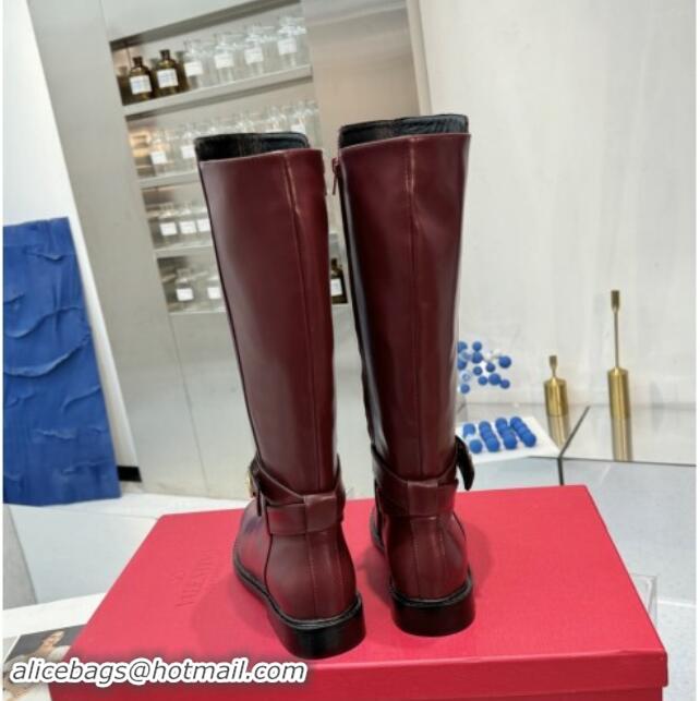 Good Looking Valentino VLogo Locker Calfskin Leather High Boots 3cm Heel Dark Burgundy 1009014