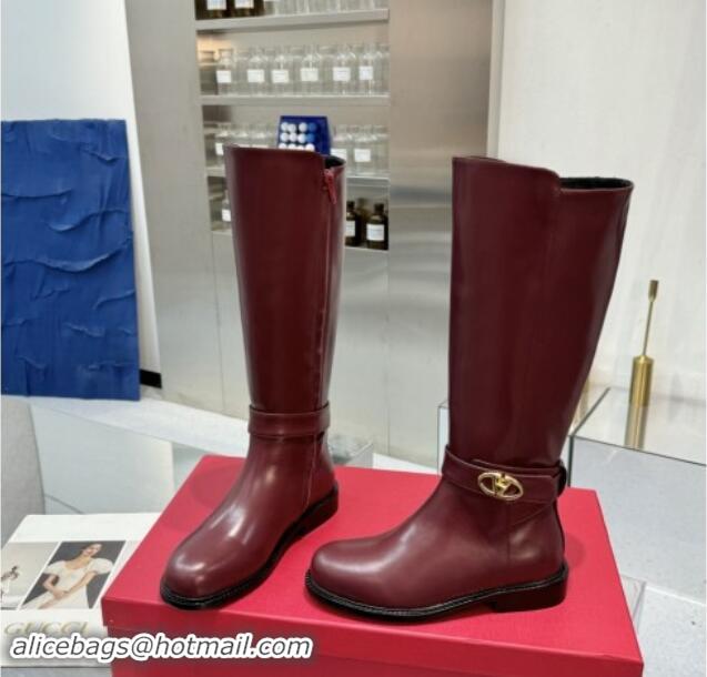 Good Looking Valentino VLogo Locker Calfskin Leather High Boots 3cm Heel Dark Burgundy 1009014