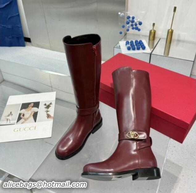 Good Looking Valentino VLogo Locker Calfskin Leather High Boots 3cm Heel Dark Burgundy 1009014