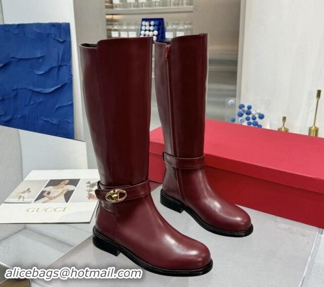 Good Looking Valentino VLogo Locker Calfskin Leather High Boots 3cm Heel Dark Burgundy 1009014