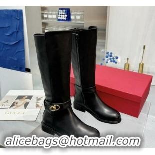 Best Product Valentino VLogo Locker Calfskin Leather High Boots 3cm Heel Black 1009015