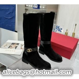 Most Popular Valentino VLogo Locker Suede High Boots 3cm Heel Black 1009016