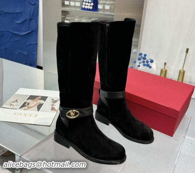 Most Popular Valentino VLogo Locker Suede High Boots 3cm Heel Black 1009016