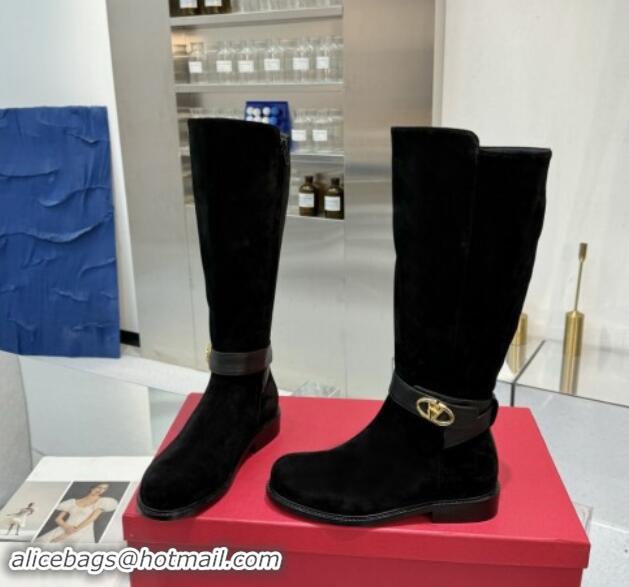 Most Popular Valentino VLogo Locker Suede High Boots 3cm Heel Black 1009016