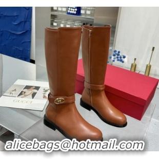 Pretty Style Valentino VLogo Locker Calfskin Leather High Boots 3cm Heel Brown 1009017