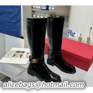 Sumptuous Valentino VLogo Locker Patent Leather High Boots 3cm Heel Black 1009018