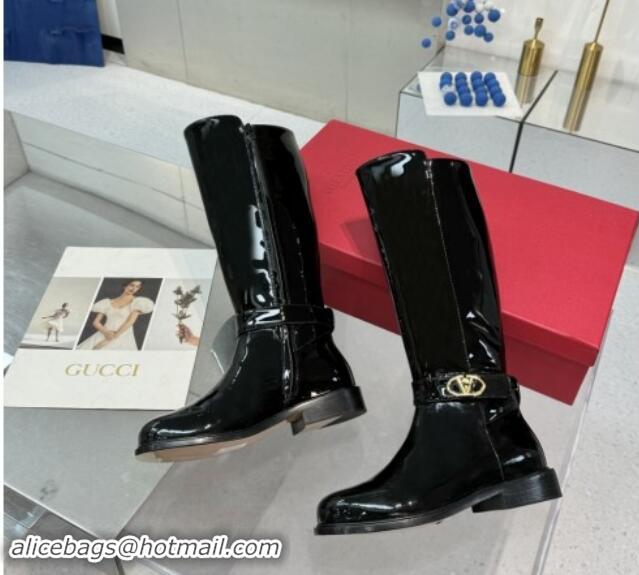 Sumptuous Valentino VLogo Locker Patent Leather High Boots 3cm Heel Black 1009018