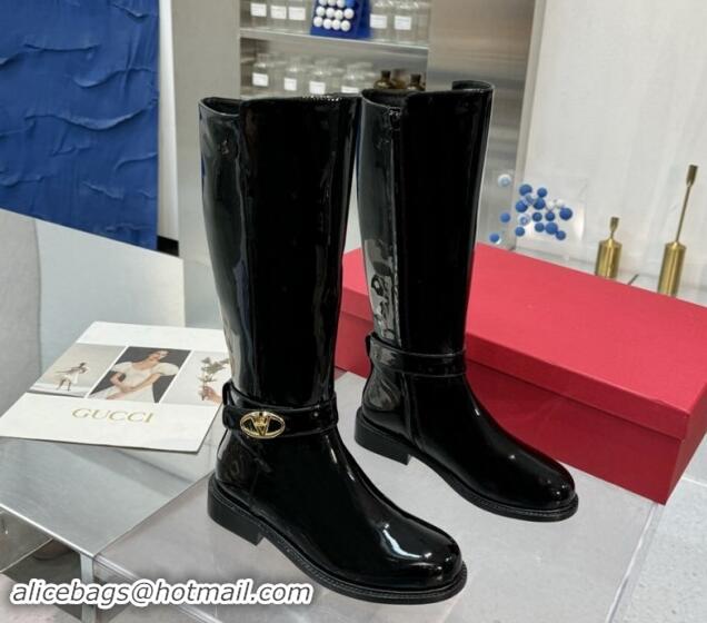 Sumptuous Valentino VLogo Locker Patent Leather High Boots 3cm Heel Black 1009018