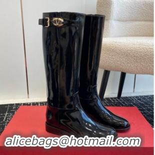 Luxury Valentino VLogo The Bold Edition Patent Leather High Boots with Buckle Black 1009020