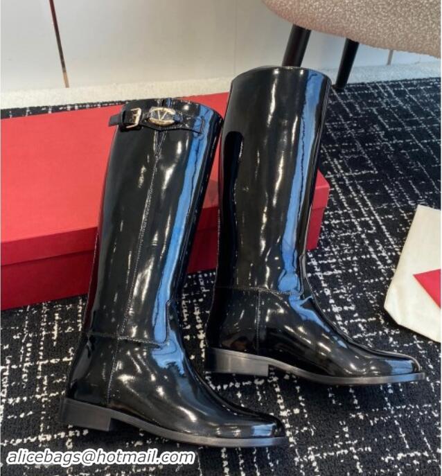 Luxury Valentino VLogo The Bold Edition Patent Leather High Boots with Buckle Black 1009020