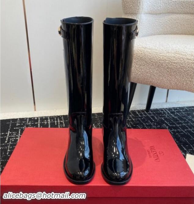 Luxury Valentino VLogo The Bold Edition Patent Leather High Boots with Buckle Black 1009020