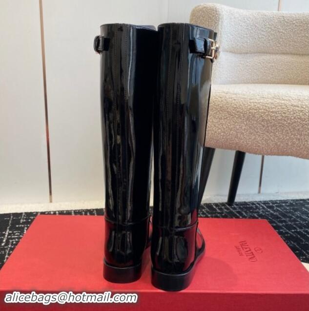 Luxury Valentino VLogo The Bold Edition Patent Leather High Boots with Buckle Black 1009020