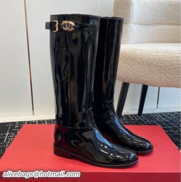 Luxury Valentino VLogo The Bold Edition Patent Leather High Boots with Buckle Black 1009020