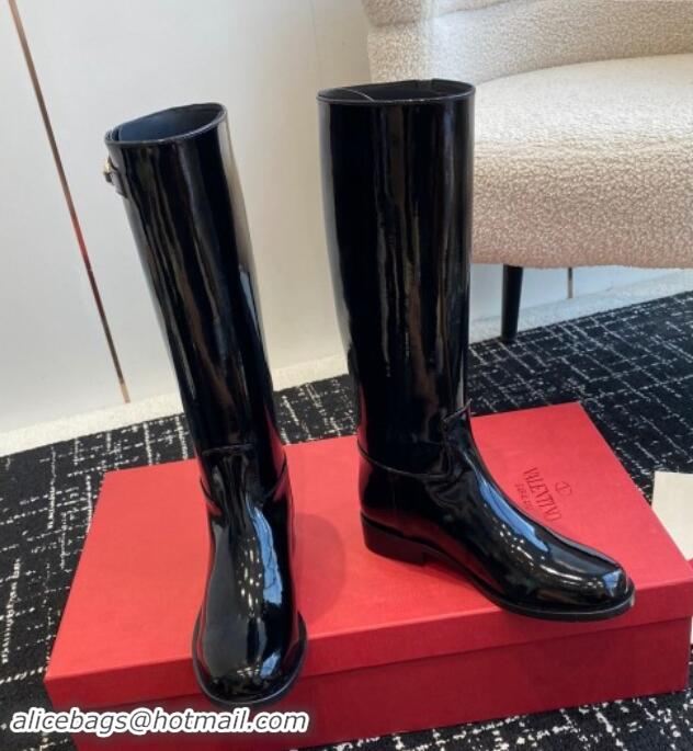 Luxury Valentino VLogo The Bold Edition Patent Leather High Boots with Buckle Black 1009020