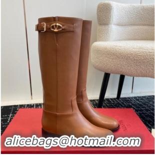 Good Quality Valentino VLogo The Bold Edition Calfskin High Boots with Buckle Brown 1009021