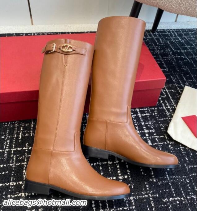 Good Quality Valentino VLogo The Bold Edition Calfskin High Boots with Buckle Brown 1009021