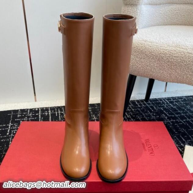 Good Quality Valentino VLogo The Bold Edition Calfskin High Boots with Buckle Brown 1009021