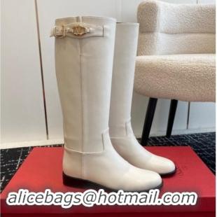 Stylish Valentino VLogo The Bold Edition Calfskin High Boots with Buckle white 1009022