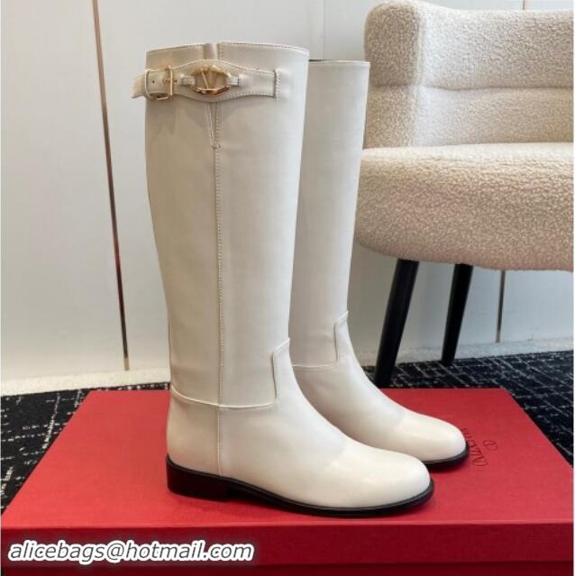 Stylish Valentino VLogo The Bold Edition Calfskin High Boots with Buckle white 1009022