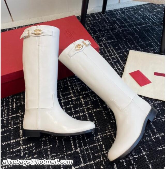 Stylish Valentino VLogo The Bold Edition Calfskin High Boots with Buckle white 1009022