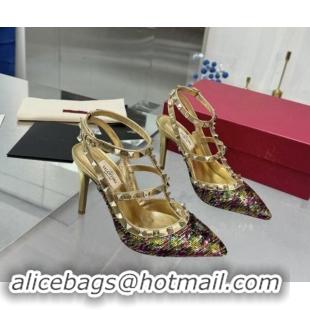 Perfect Valentino Rockstud Ankle Strap Caged Pumps 9.5cm in Sequins and Calfskin Gold 1009023