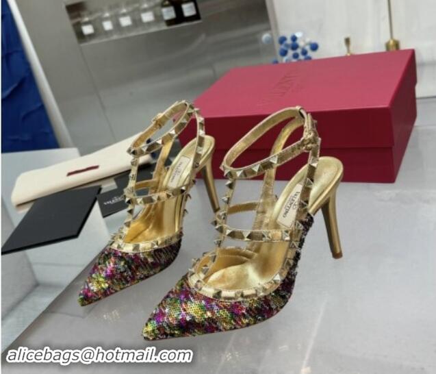 Perfect Valentino Rockstud Ankle Strap Caged Pumps 9.5cm in Sequins and Calfskin Gold 1009023