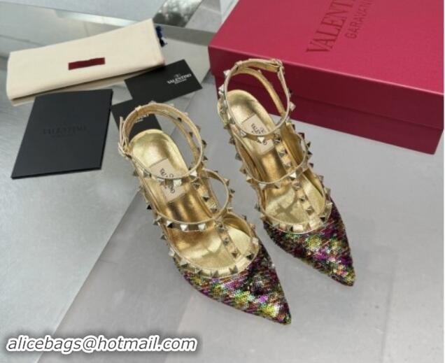 Perfect Valentino Rockstud Ankle Strap Caged Pumps 9.5cm in Sequins and Calfskin Gold 1009023