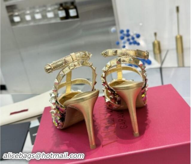 Perfect Valentino Rockstud Ankle Strap Caged Pumps 9.5cm in Sequins and Calfskin Gold 1009023