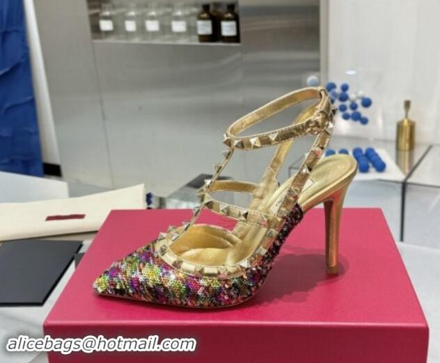 Perfect Valentino Rockstud Ankle Strap Caged Pumps 9.5cm in Sequins and Calfskin Gold 1009023