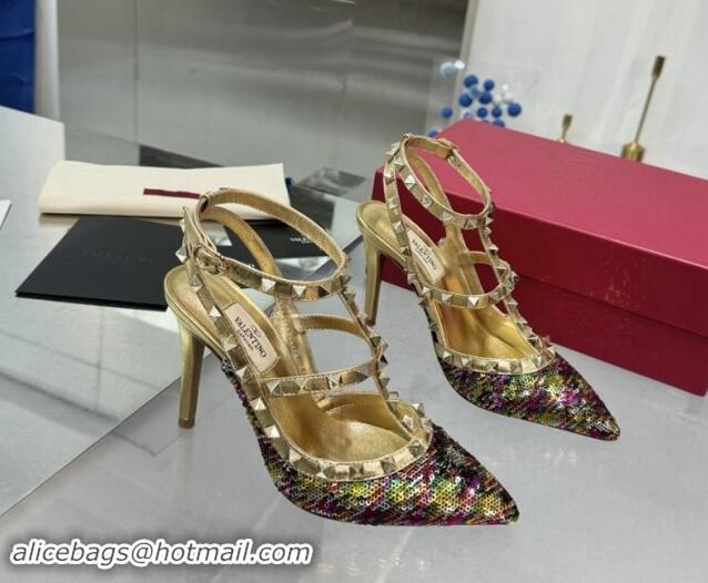 Perfect Valentino Rockstud Ankle Strap Caged Pumps 9.5cm in Sequins and Calfskin Gold 1009023