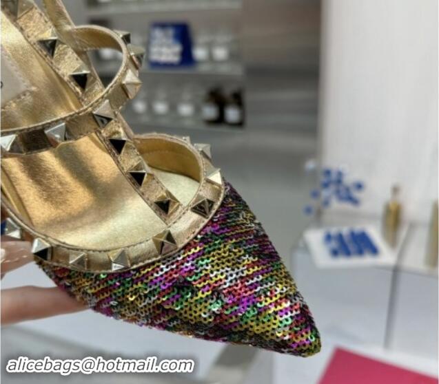 Perfect Valentino Rockstud Ankle Strap Caged Pumps 9.5cm in Sequins and Calfskin Gold 1009023