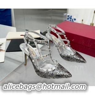 Shop Duplicate Valentino Rockstud Ankle Strap Caged Pumps 9.5cm in Sequins and Calfskin Silver 1009024