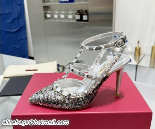 Shop Duplicate Valentino Rockstud Ankle Strap Caged Pumps 9.5cm in Sequins and Calfskin Silver 1009024