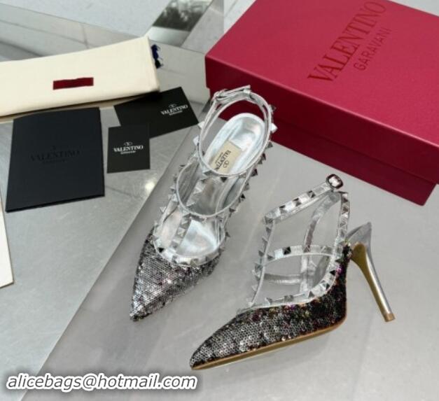 Shop Duplicate Valentino Rockstud Ankle Strap Caged Pumps 9.5cm in Sequins and Calfskin Silver 1009024