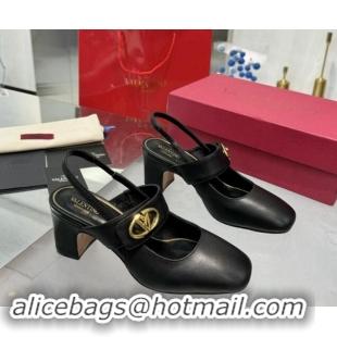 Grade Quality Valentino VLogo Locker Mary-Janes Slingback Pumps 6cm in Calfskin Leather Black 1009025