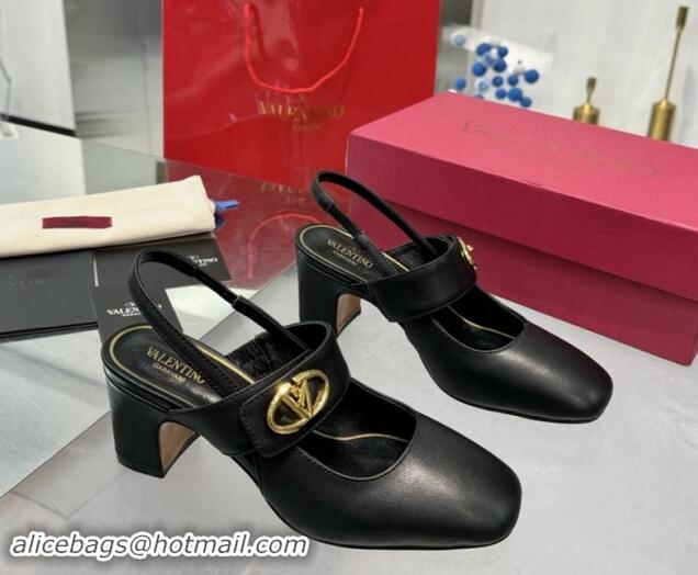 Grade Quality Valentino VLogo Locker Mary-Janes Slingback Pumps 6cm in Calfskin Leather Black 1009025