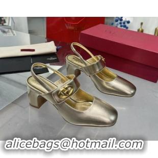 Best Grade Valentino VLogo Locker Mary-Janes Slingback Pumps 6cm in Calfskin Leather Gold 1009026