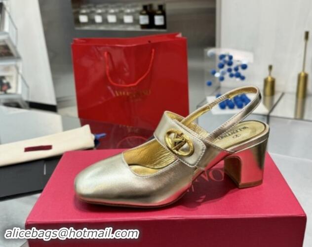 Best Grade Valentino VLogo Locker Mary-Janes Slingback Pumps 6cm in Calfskin Leather Gold 1009026