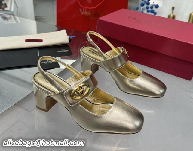 Best Grade Valentino VLogo Locker Mary-Janes Slingback Pumps 6cm in Calfskin Leather Gold 1009026