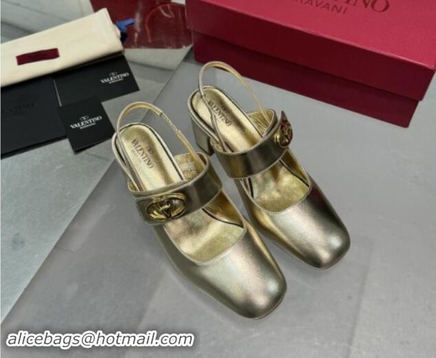 Best Grade Valentino VLogo Locker Mary-Janes Slingback Pumps 6cm in Calfskin Leather Gold 1009026