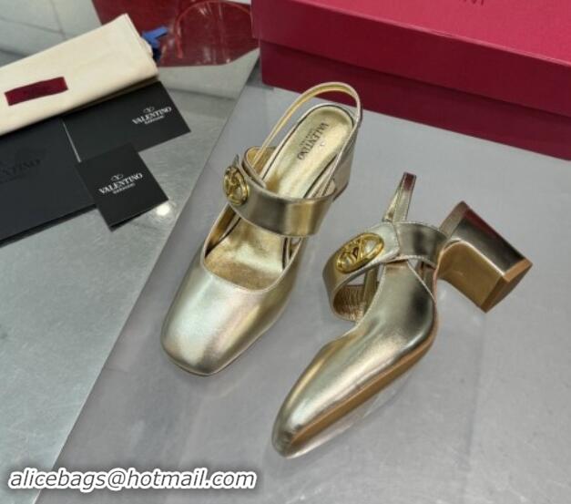 Best Grade Valentino VLogo Locker Mary-Janes Slingback Pumps 6cm in Calfskin Leather Gold 1009026