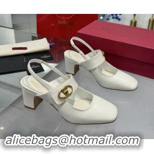 Top Design Valentino VLogo Locker Mary-Janes Slingback Pumps 6cm in Calfskin Leather White 1009028