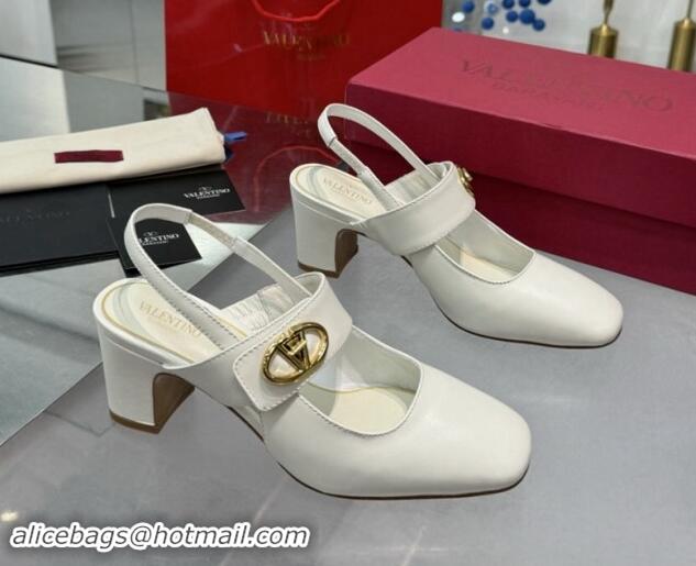 Top Design Valentino VLogo Locker Mary-Janes Slingback Pumps 6cm in Calfskin Leather White 1009028