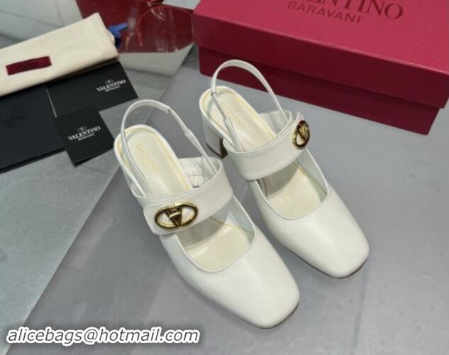 Top Design Valentino VLogo Locker Mary-Janes Slingback Pumps 6cm in Calfskin Leather White 1009028